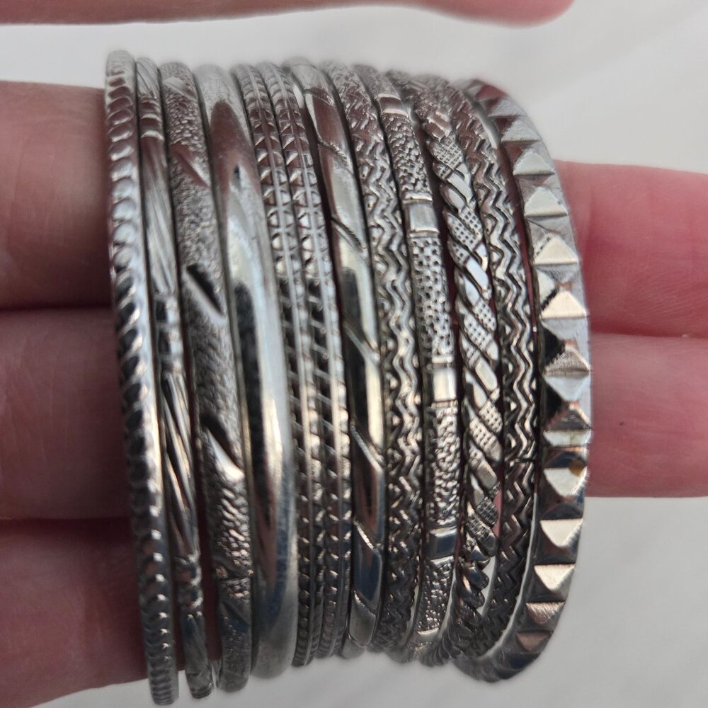13 Bangles Bracelet Lot - Silver Smooth Patterns Studs Variety Womens